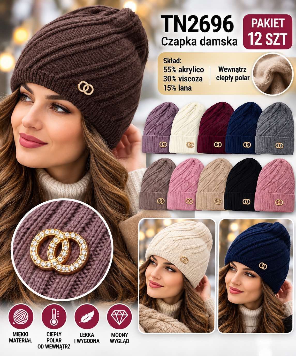 Czapki Damskie _ paczka 12parę _mix kolor 3646781