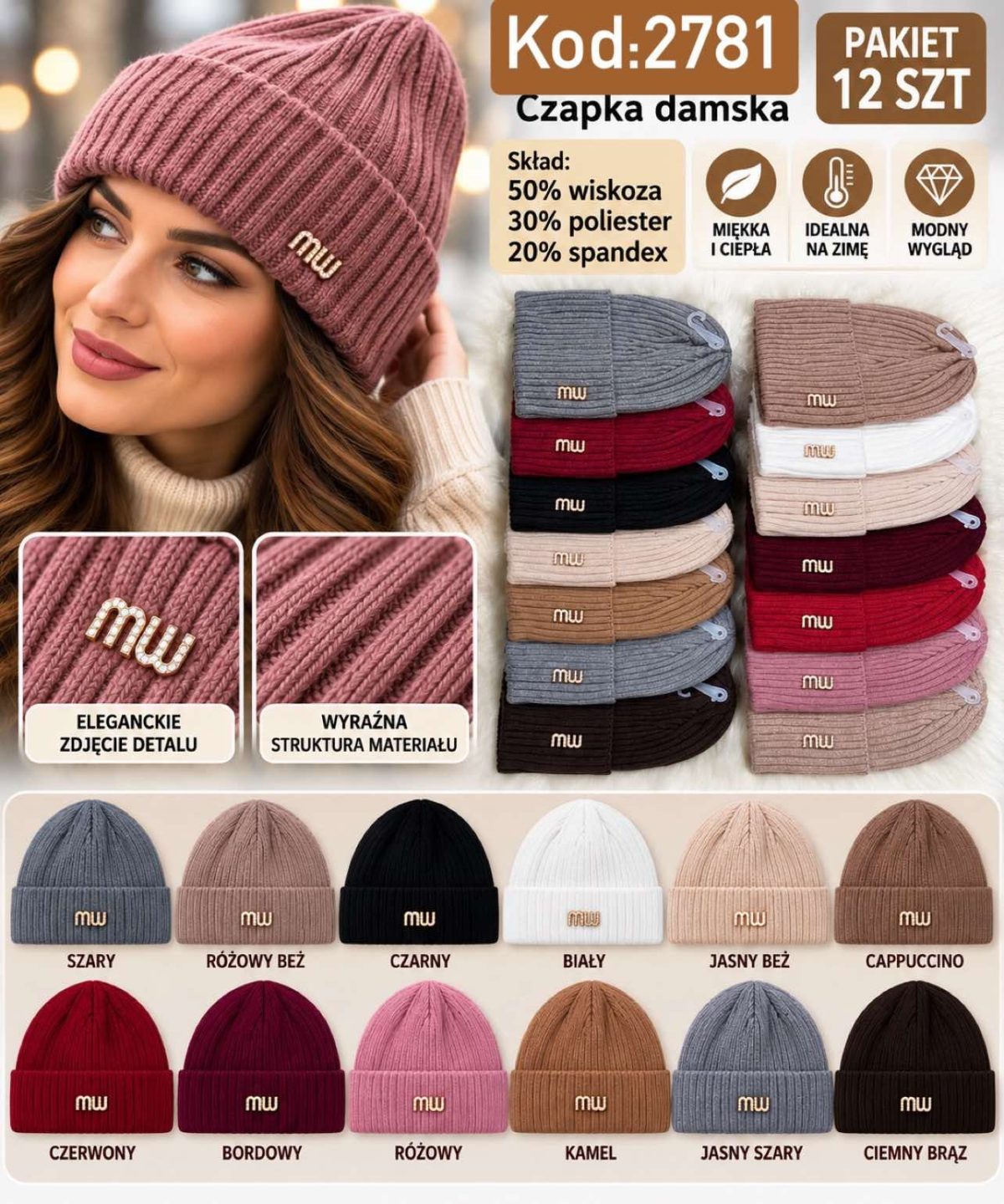 Czapki Damskie _ paczka 12parę _mix kolor 3646785