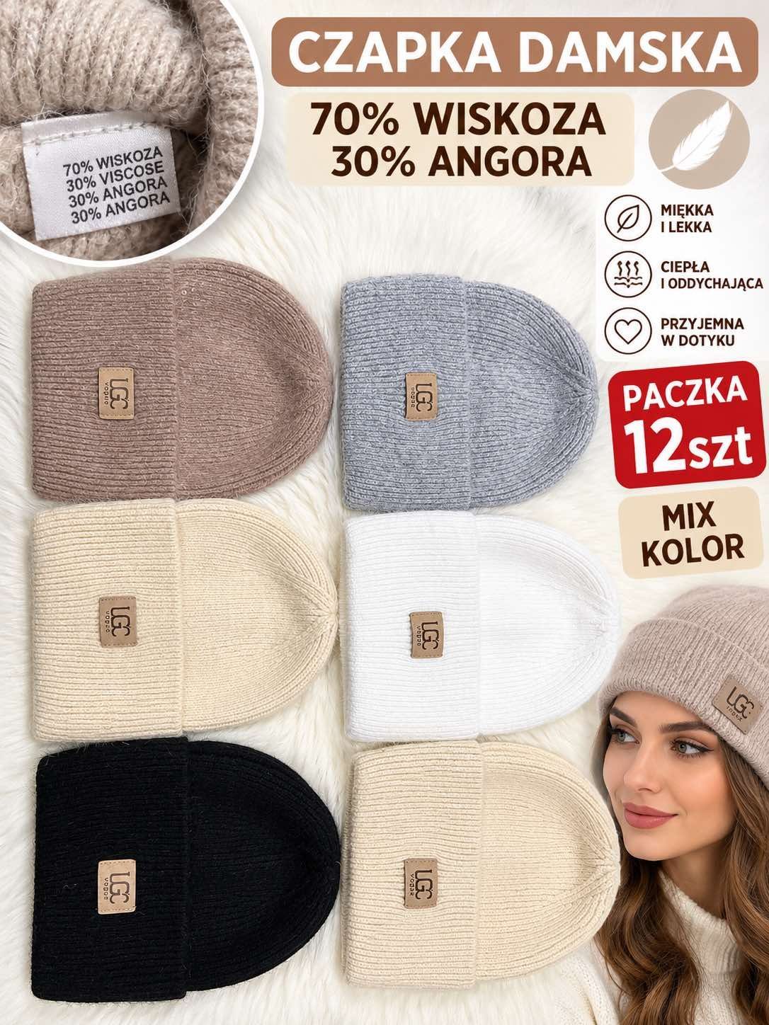Czapki Damskie _ paczka 12parę _mix kolor 3646788
