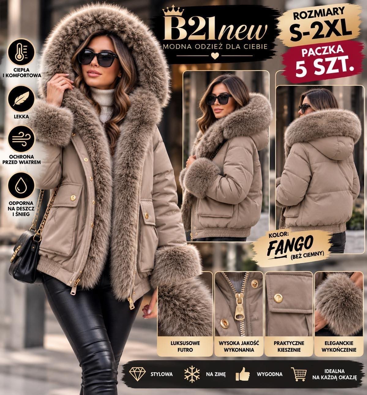 Kurtki damskie, rozmiary S-2XL, paczka 5 sztuk, 1 kolor 1491456